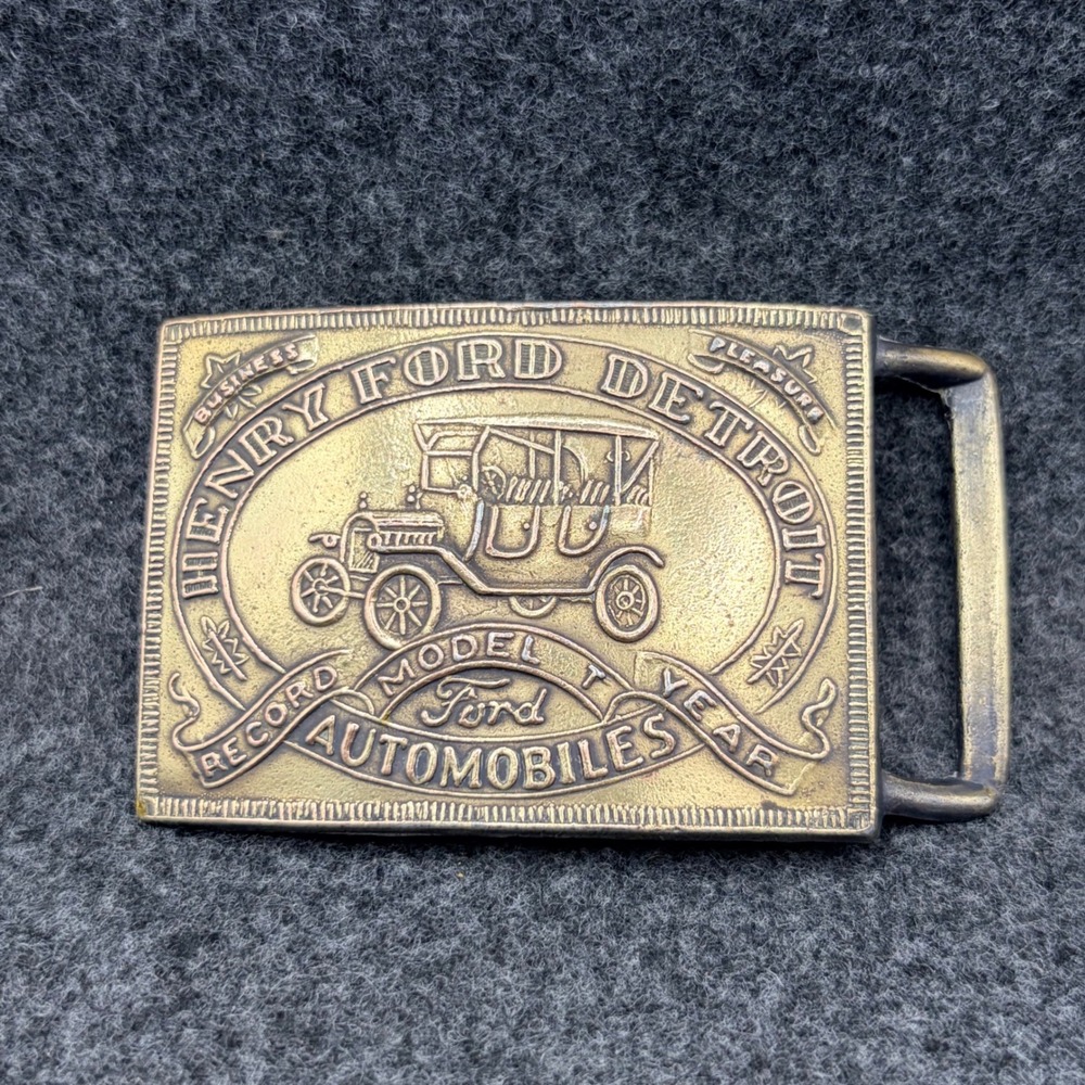 Henry Ford Detroit Model T Automobiles Brass Belt Buckle Antique Auto Steampunk